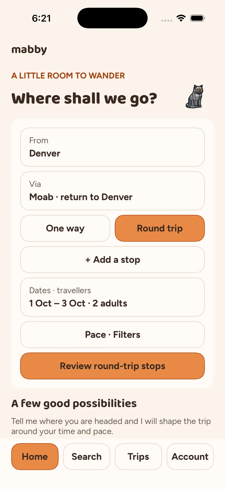 Mabby trip setup showing a sample Denver to Moab round trip, dates, travelers, and pace controls